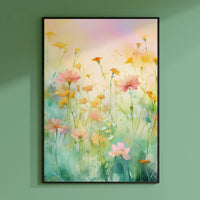 a painting of flowers on a green wall