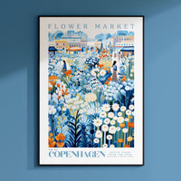 a blue wall with a picture of a flower market