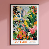 a pink wall with a picture of a building and flowers