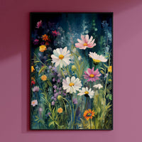 a painting of flowers on a pink wall