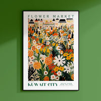 a green wall with a picture of a flower market