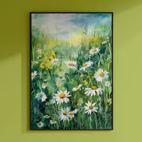 a painting of a field of daisies on a green wall
