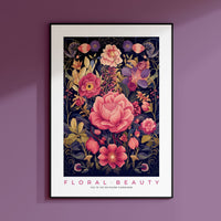 a framed poster of flowers on a purple wall