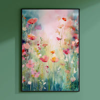 a painting of flowers on a green wall