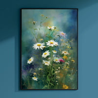 a painting of daisies in a blue room