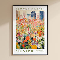 a flower market poster hangs on a wall