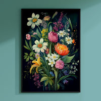 a painting of flowers on a blue wall