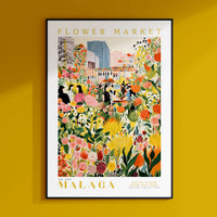 a yellow wall with a poster of a flower market