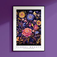 a purple wall with a picture of flowers on it
