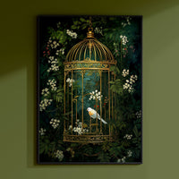 a painting of a bird in a cage on a wall