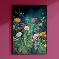 a painting of flowers on a pink wall