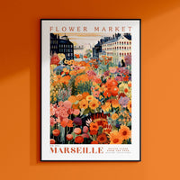 a flower market poster hangs on a wall