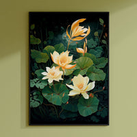 a painting of yellow flowers on a black background