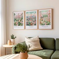 Barcelona, Seville, Paris - Travel Posters - Set of 3