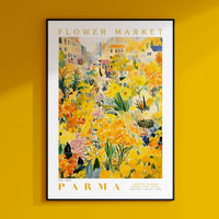 a yellow wall with a picture of a flower market