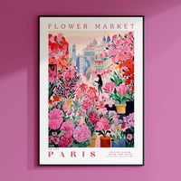 a picture of a flower market in paris on a pink wall