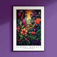 a purple wall with a picture of flowers on it