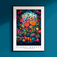 a painting of flowers and vases on a blue wall