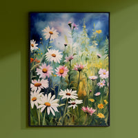 a painting of a field of daisies on a green wall