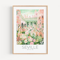 a painting of a garden with flowers and a building in the background