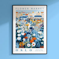 a picture of a flower market on a blue wall