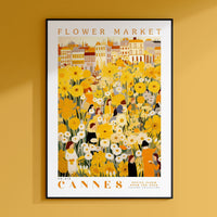 a yellow flower market poster hangs on a wall