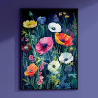 a painting of colorful flowers on a purple wall