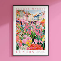 a pink wall with a picture of a flower market