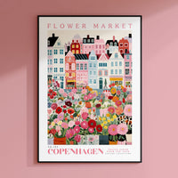 a pink wall with a picture of a flower market