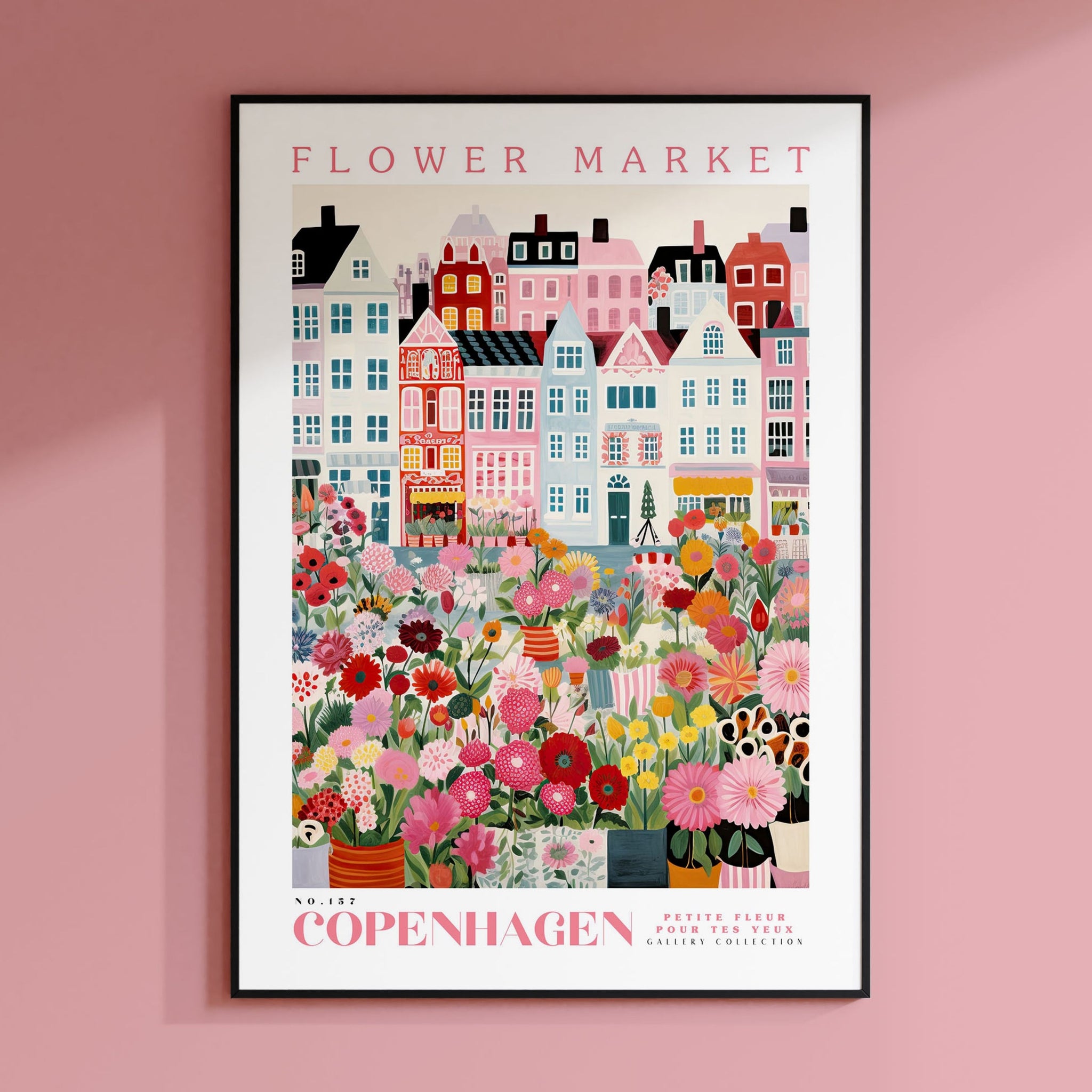 a pink wall with a picture of a flower market