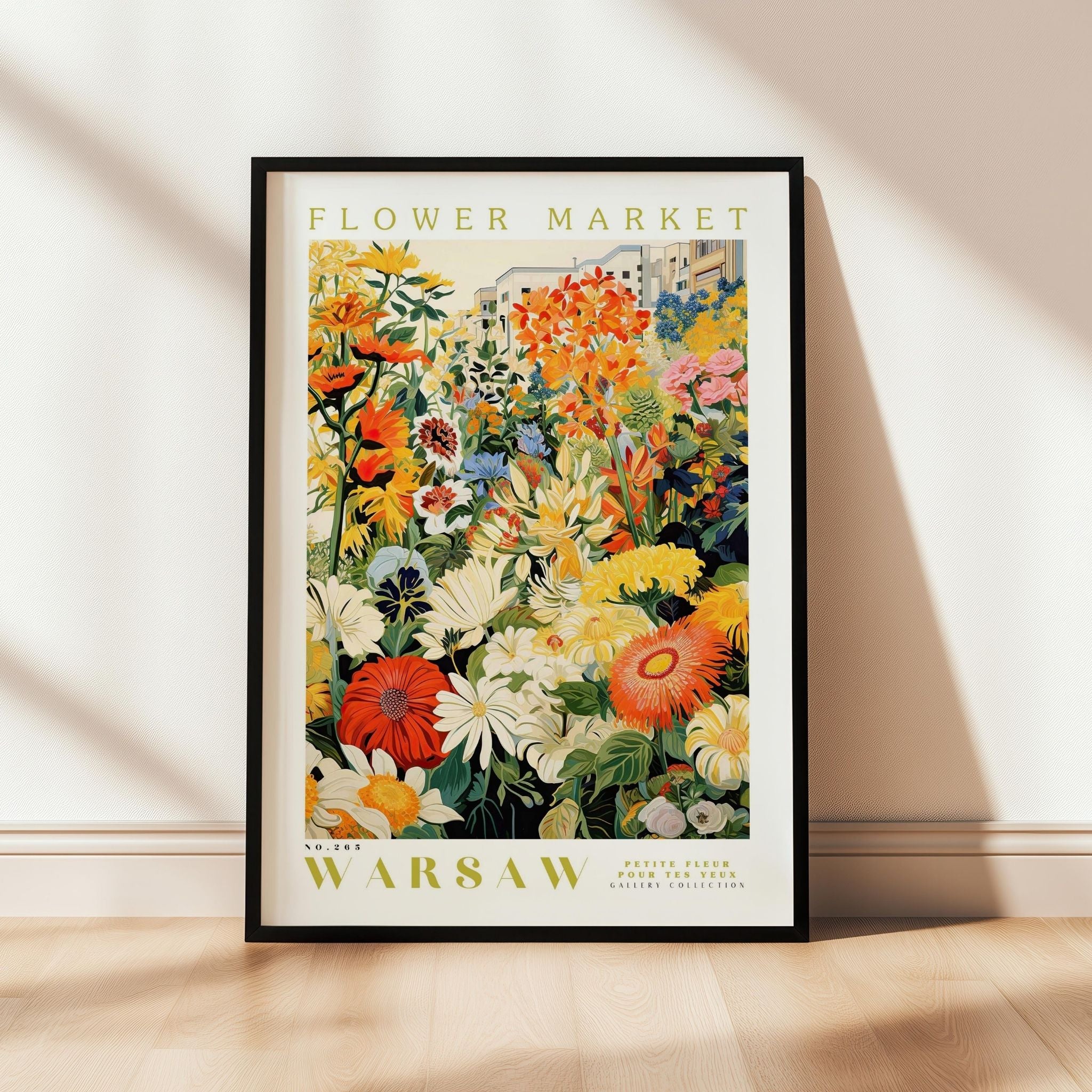 a flower market poster hanging on a wall