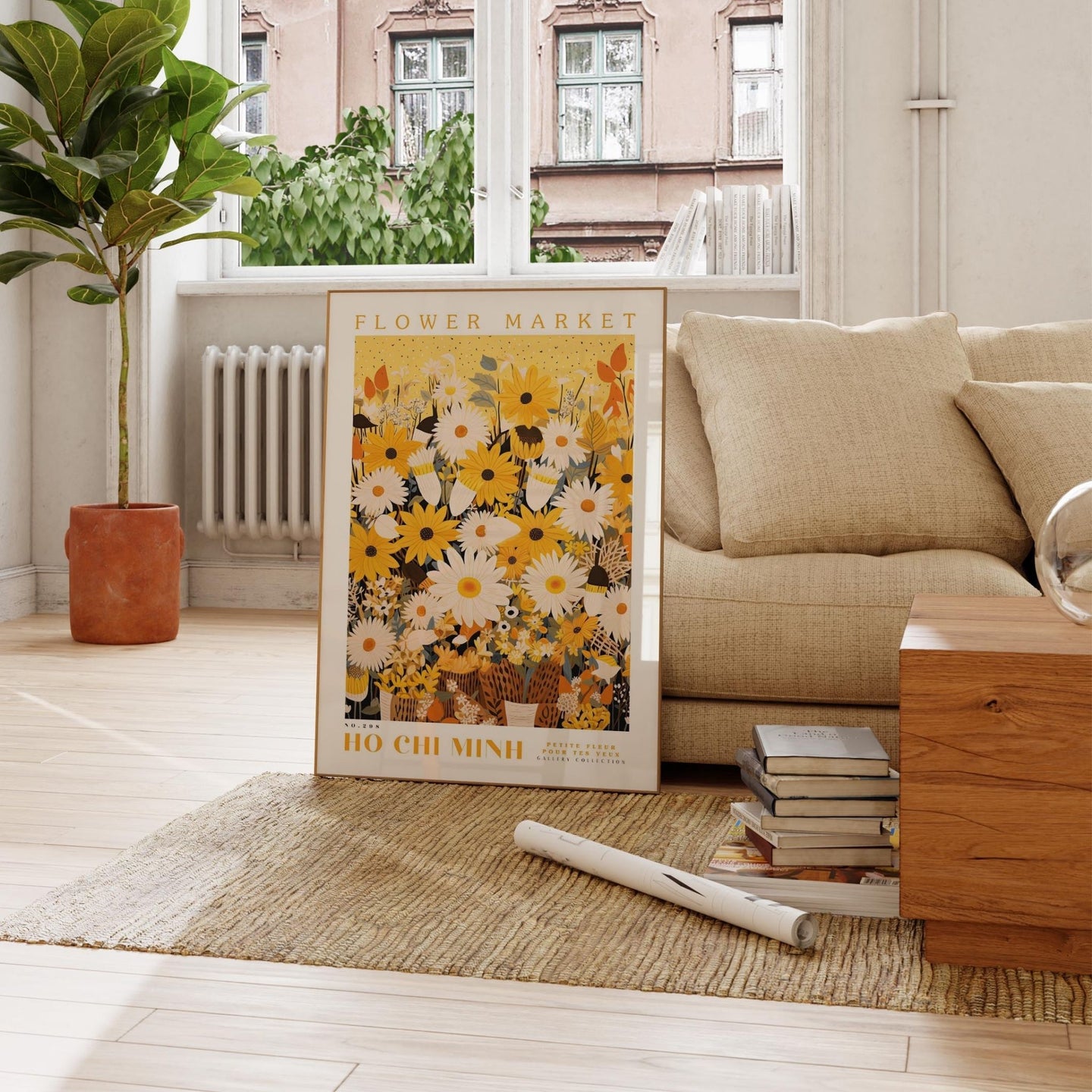 a living room with a couch and a poster