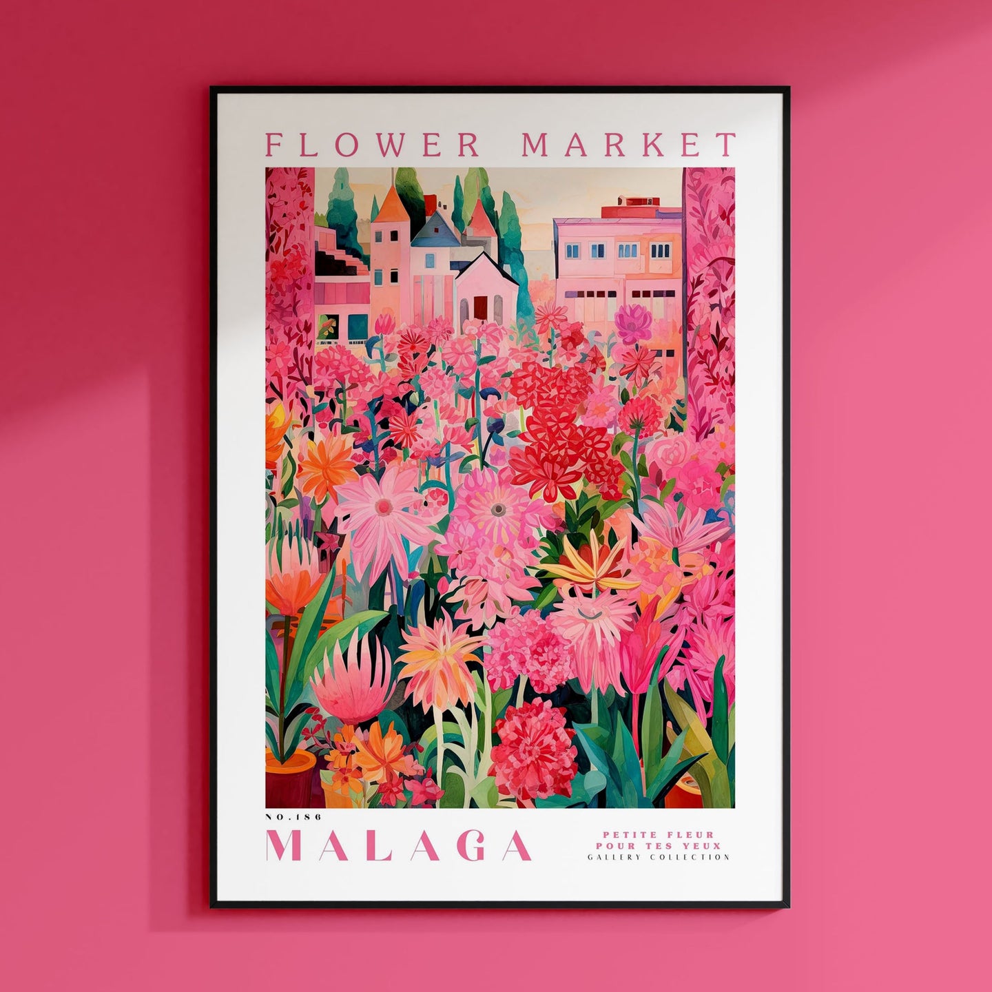a pink flower market poster hangs on a pink wall