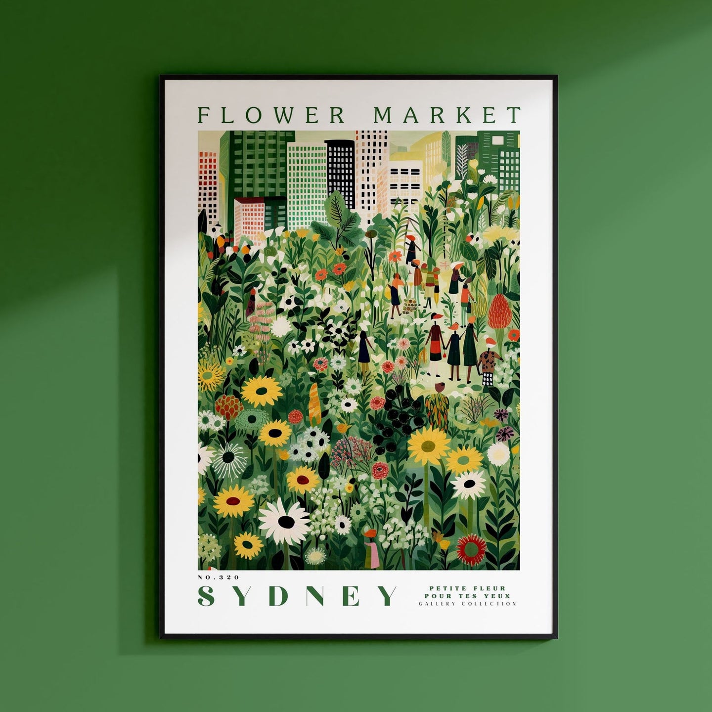 a green wall with a picture of a flower market