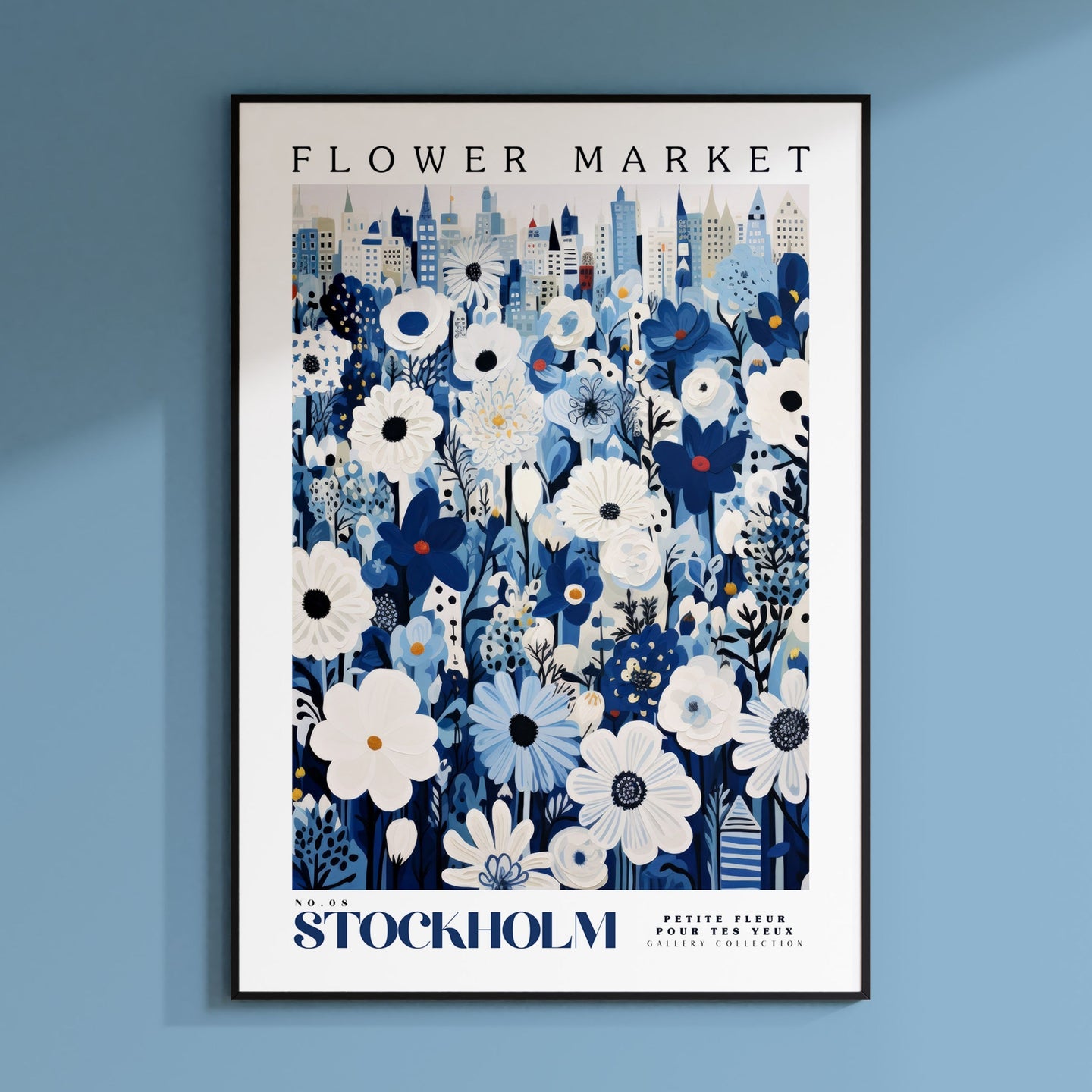 a blue and white flower market poster hanging on a wall