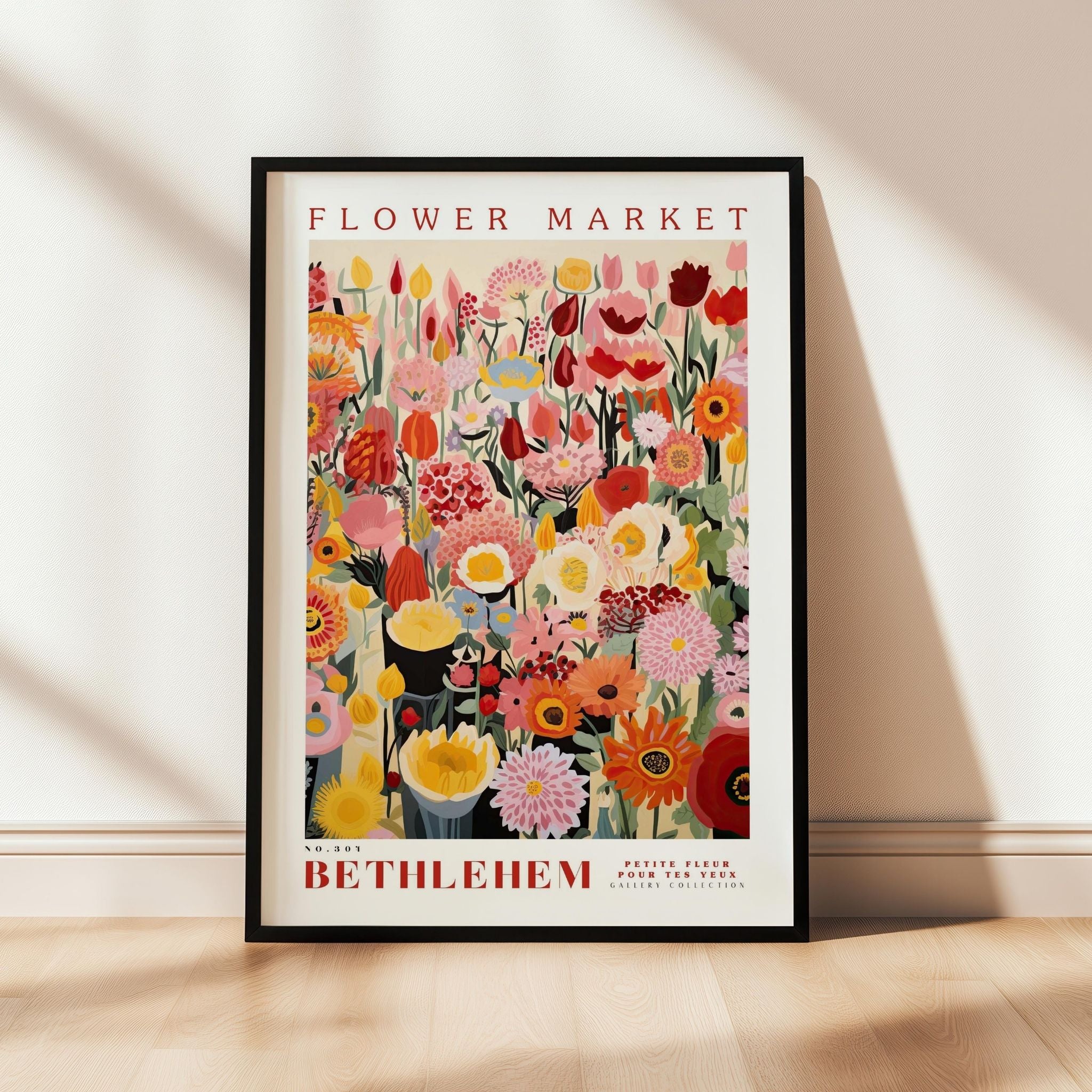 a picture of a flower market poster hanging on a wall