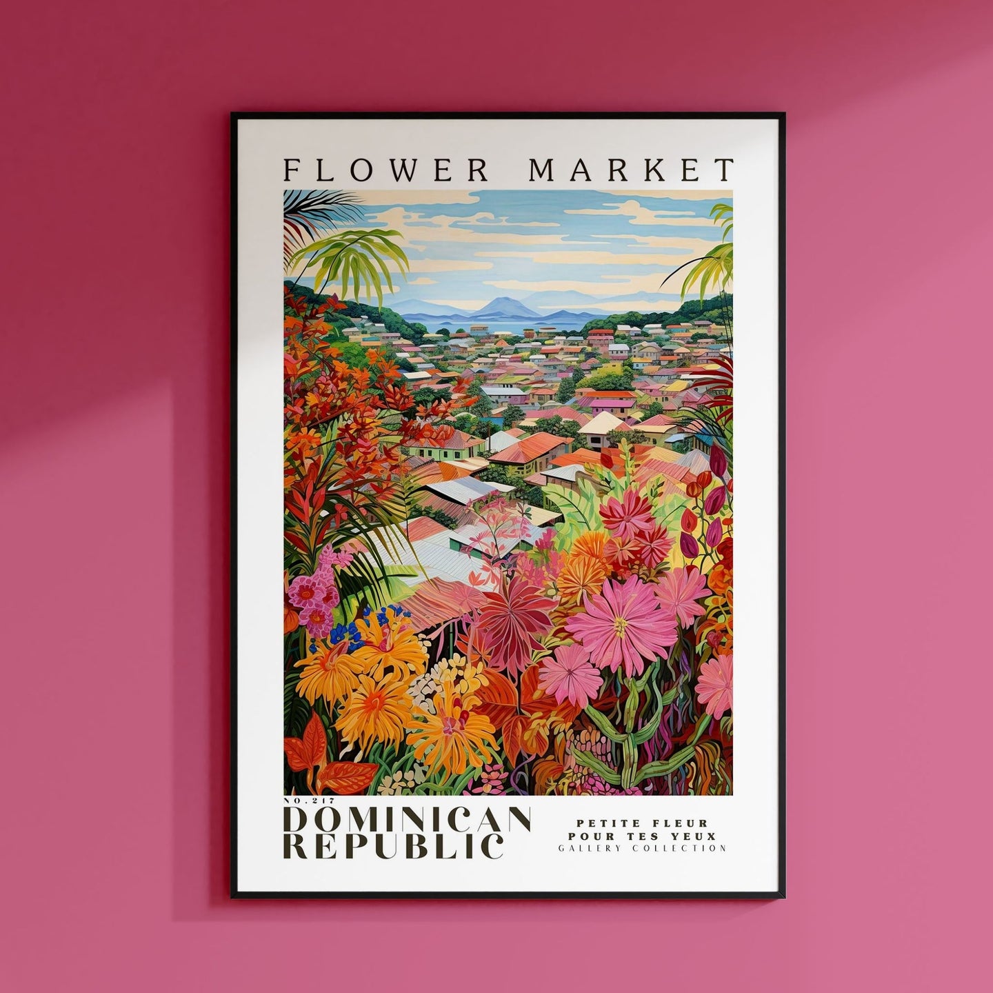 a flower market poster hangs on a pink wall