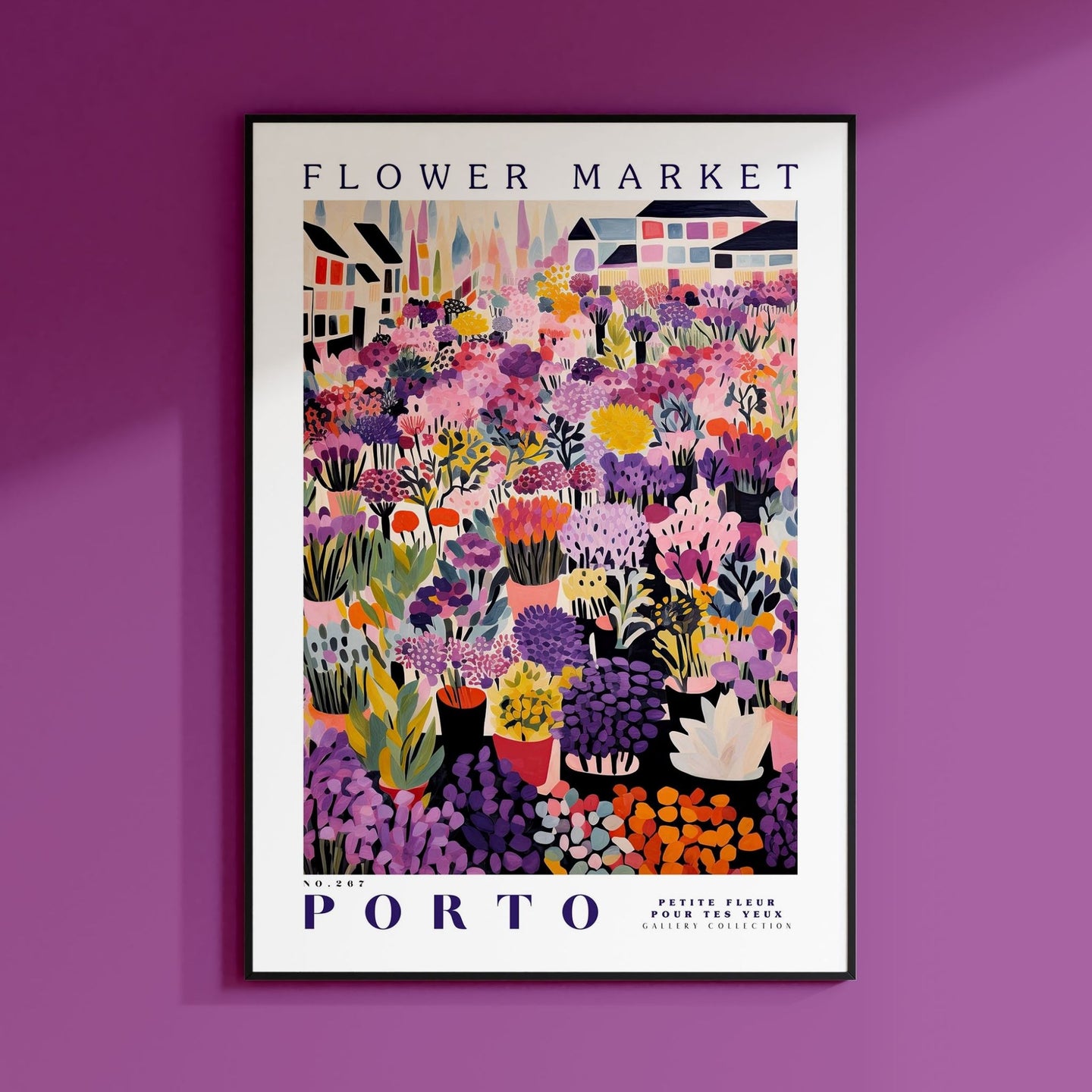 a poster of flowers on a purple wall