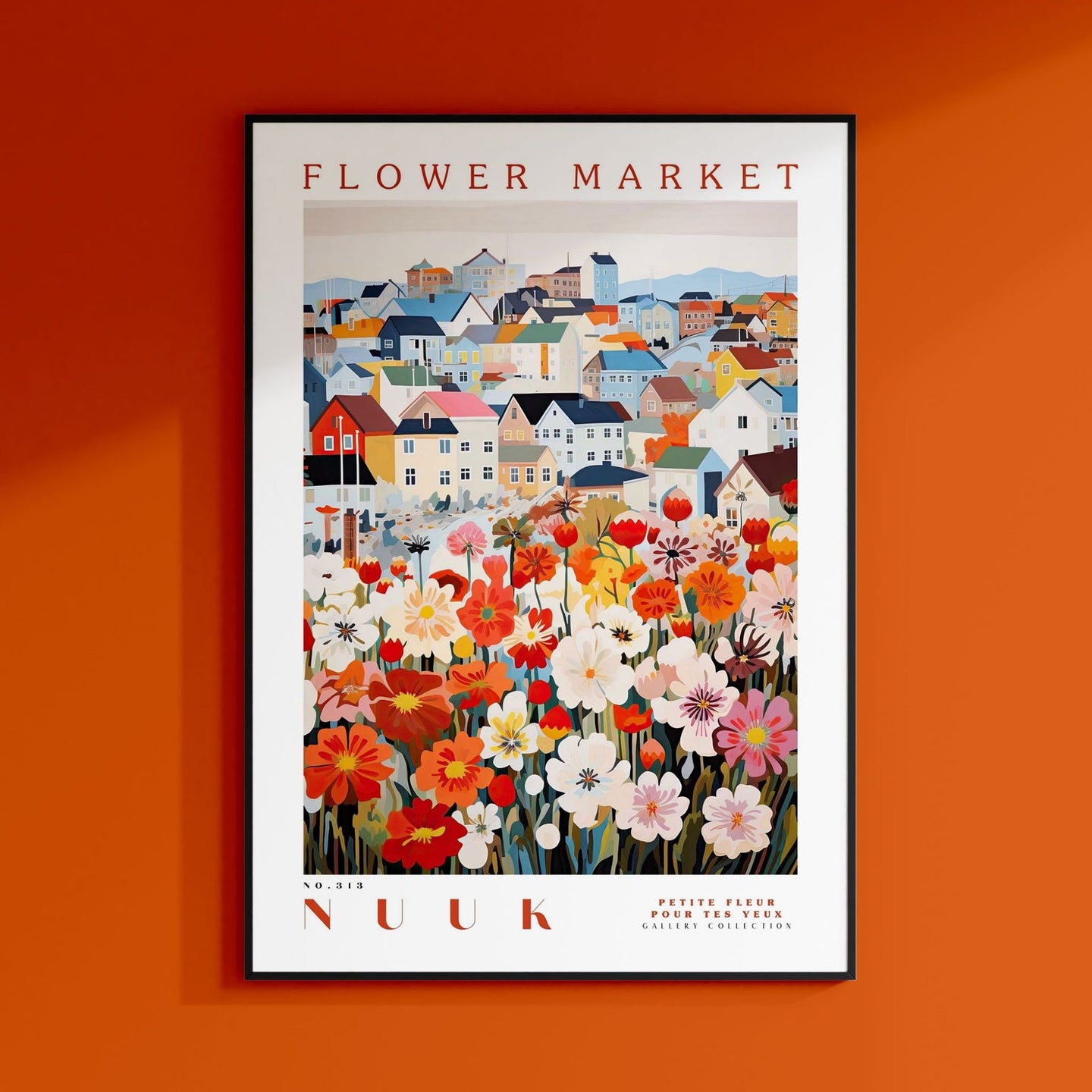 a flower market poster hangs on a wall