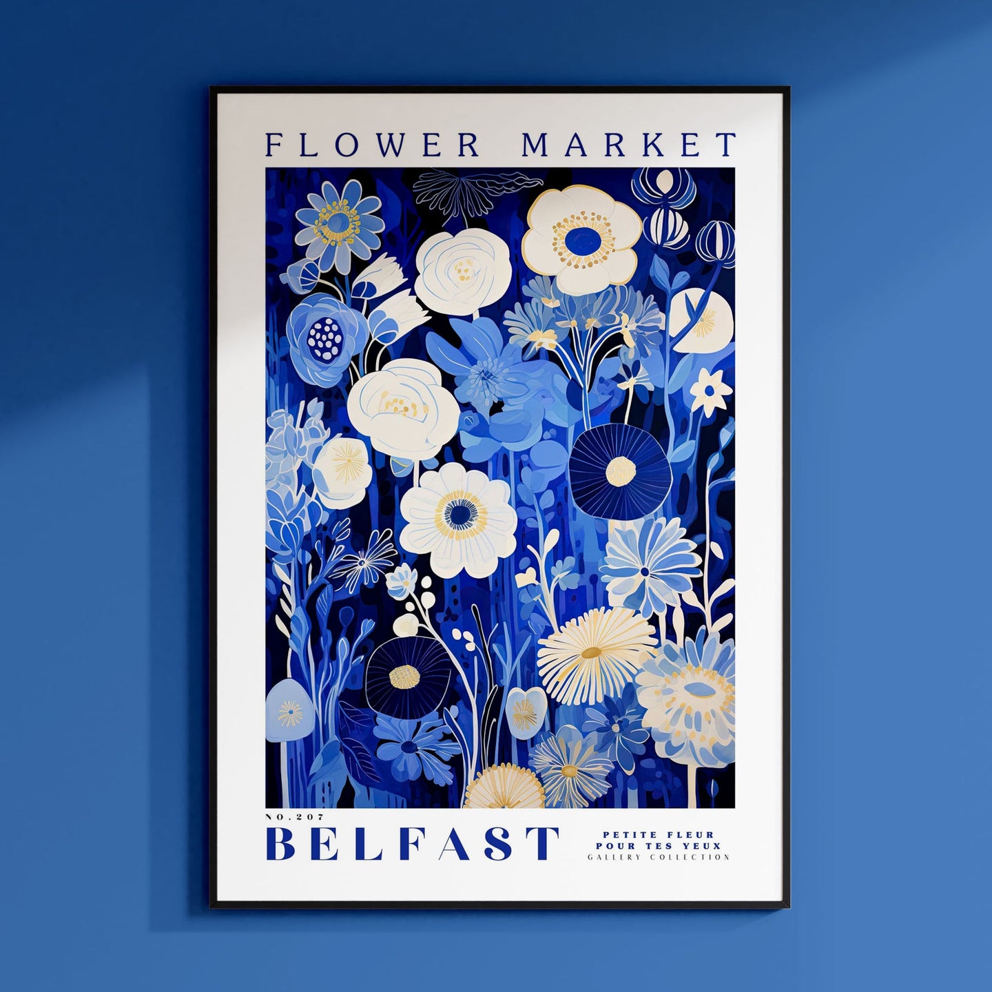 a poster of flowers on a blue wall