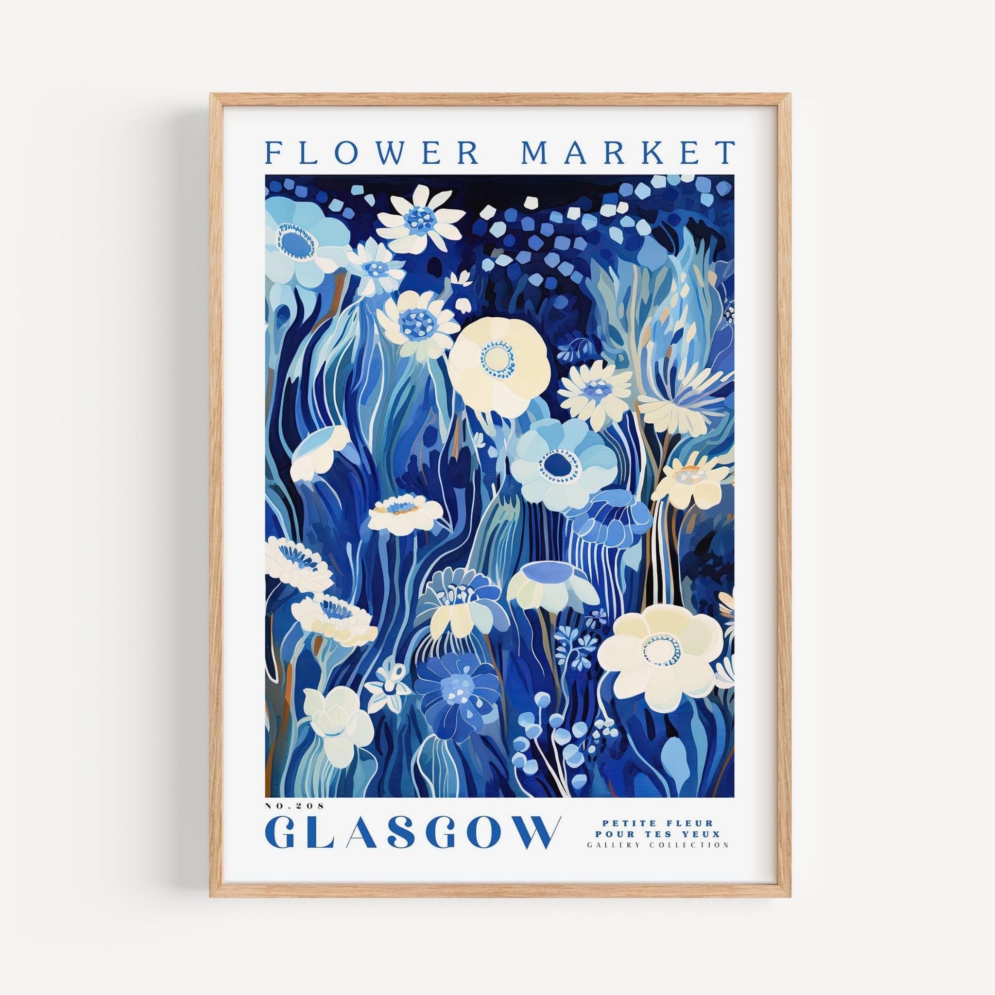 a blue and white flower market poster hanging on a wall