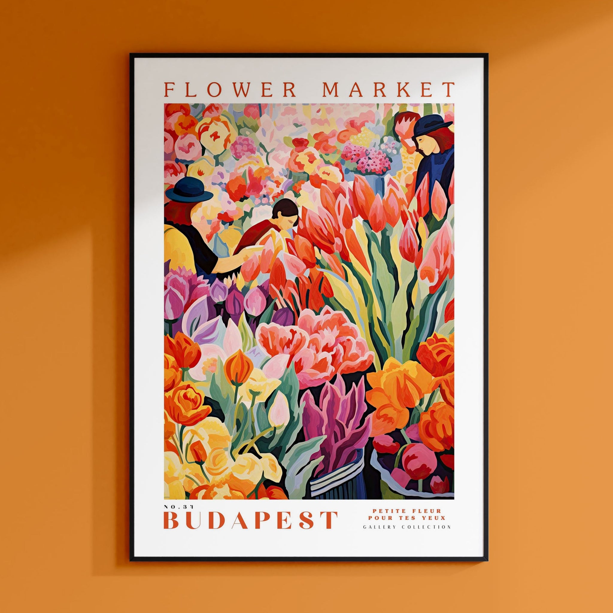 a flower market poster hangs on a wall