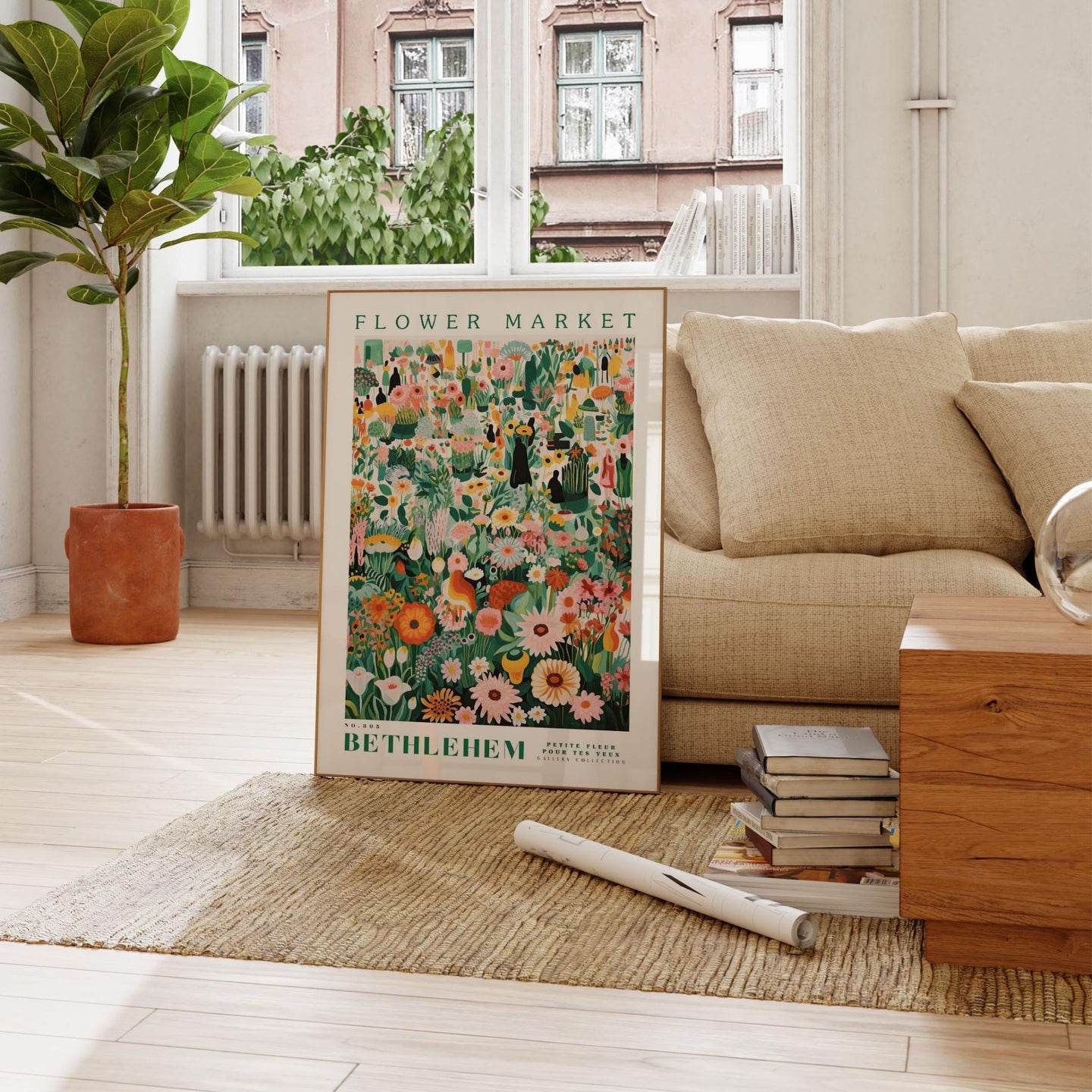 a living room with a couch and a poster on the floor