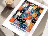Blue and Red Cats Print, Black and White Cats, Flower Cats, Cute Cat At, Funny Cat Poster, Retro Cat Print, Cat Lover Gift, Cat Illustration