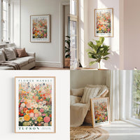 a living room filled with furniture and flowers