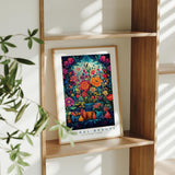 a picture of a painting on a shelf next to a potted plant