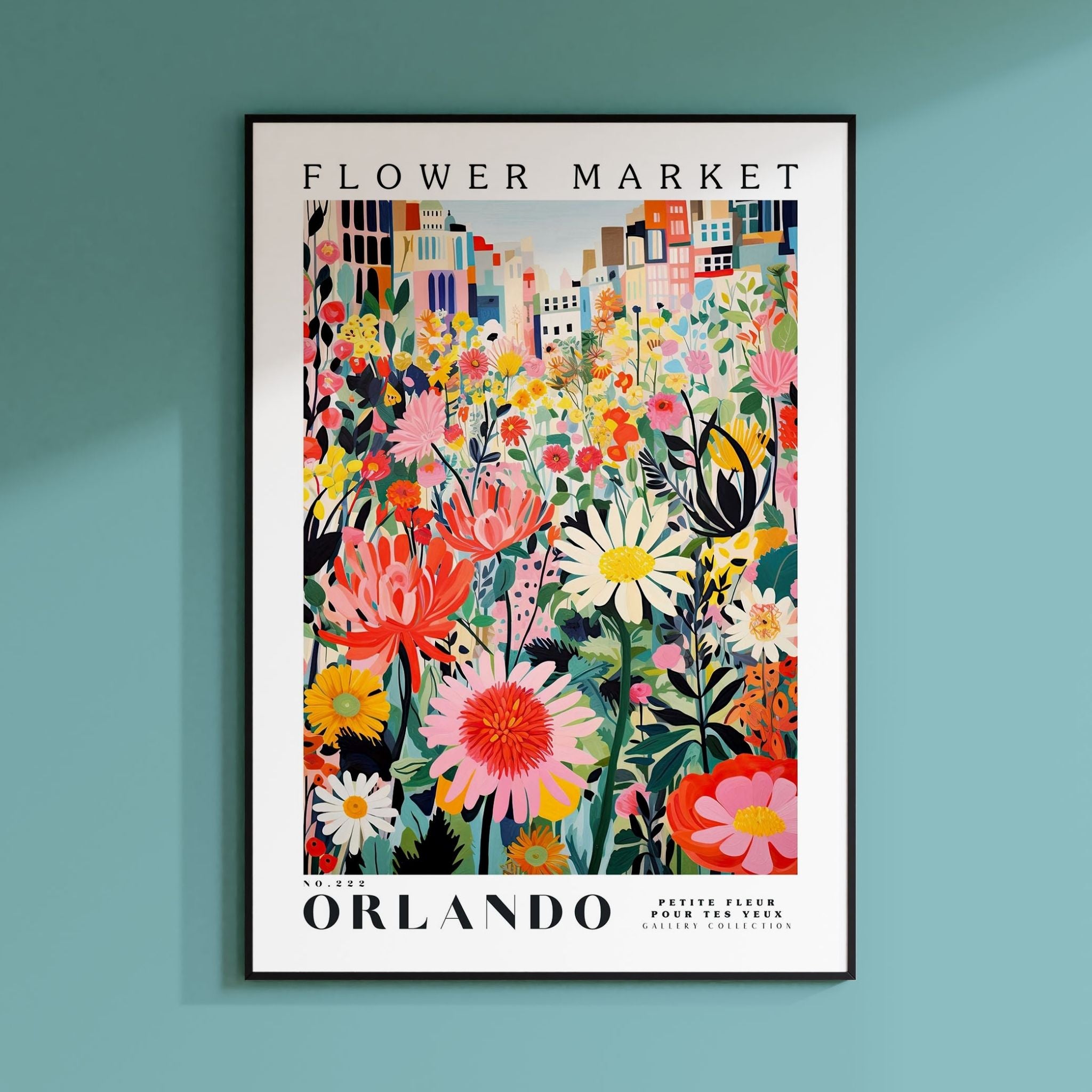 a flower market poster hanging on a wall