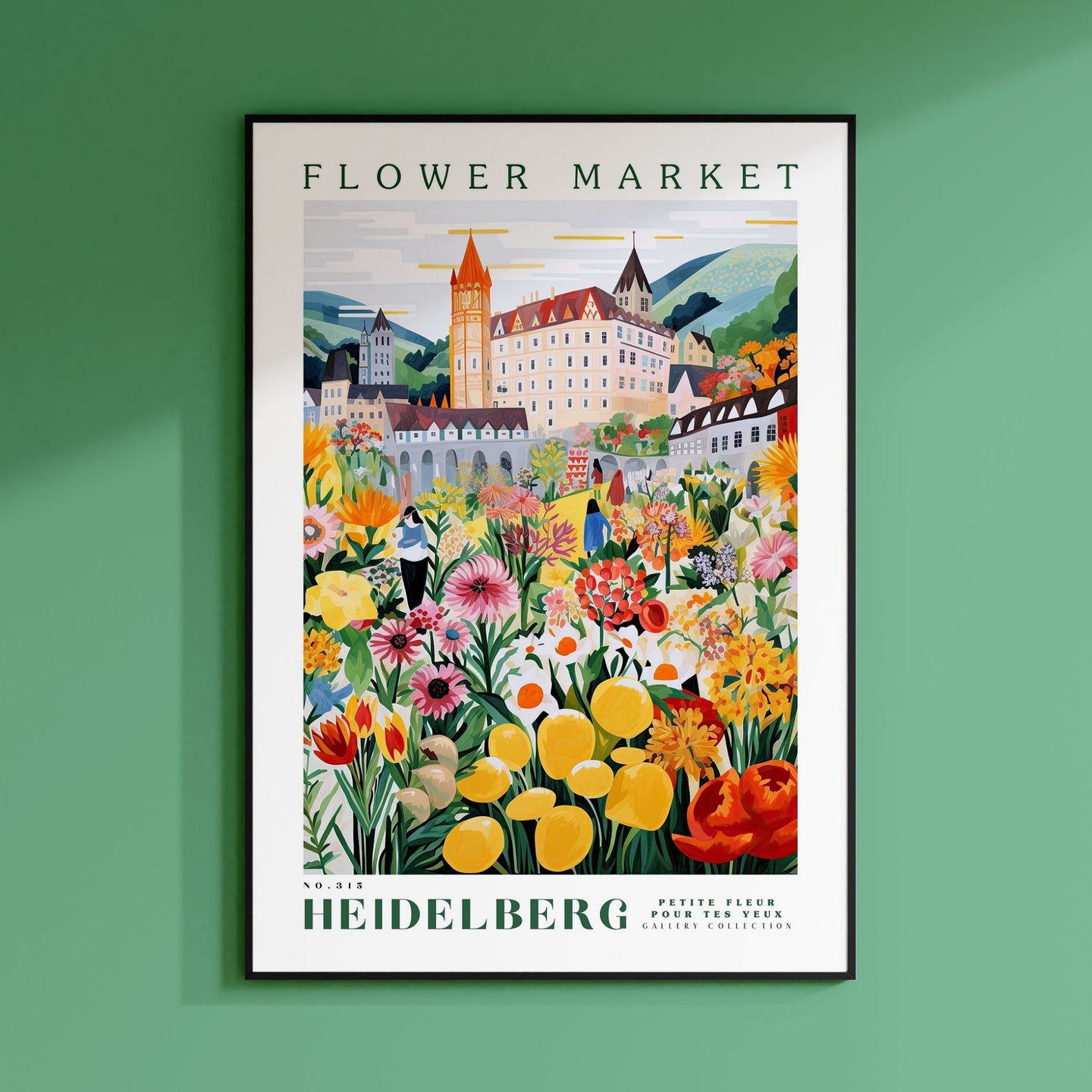 a flower market poster hangs on a green wall