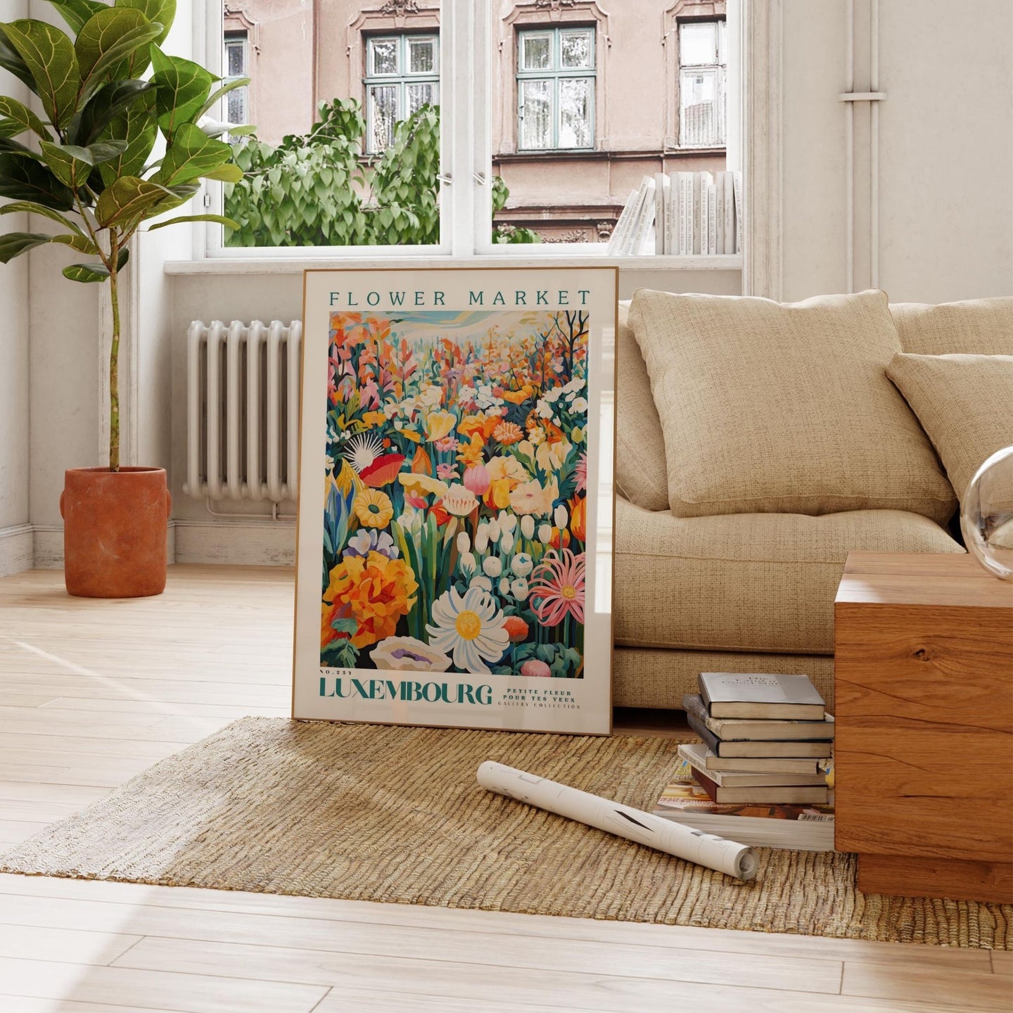 a picture of a flower market in a living room
