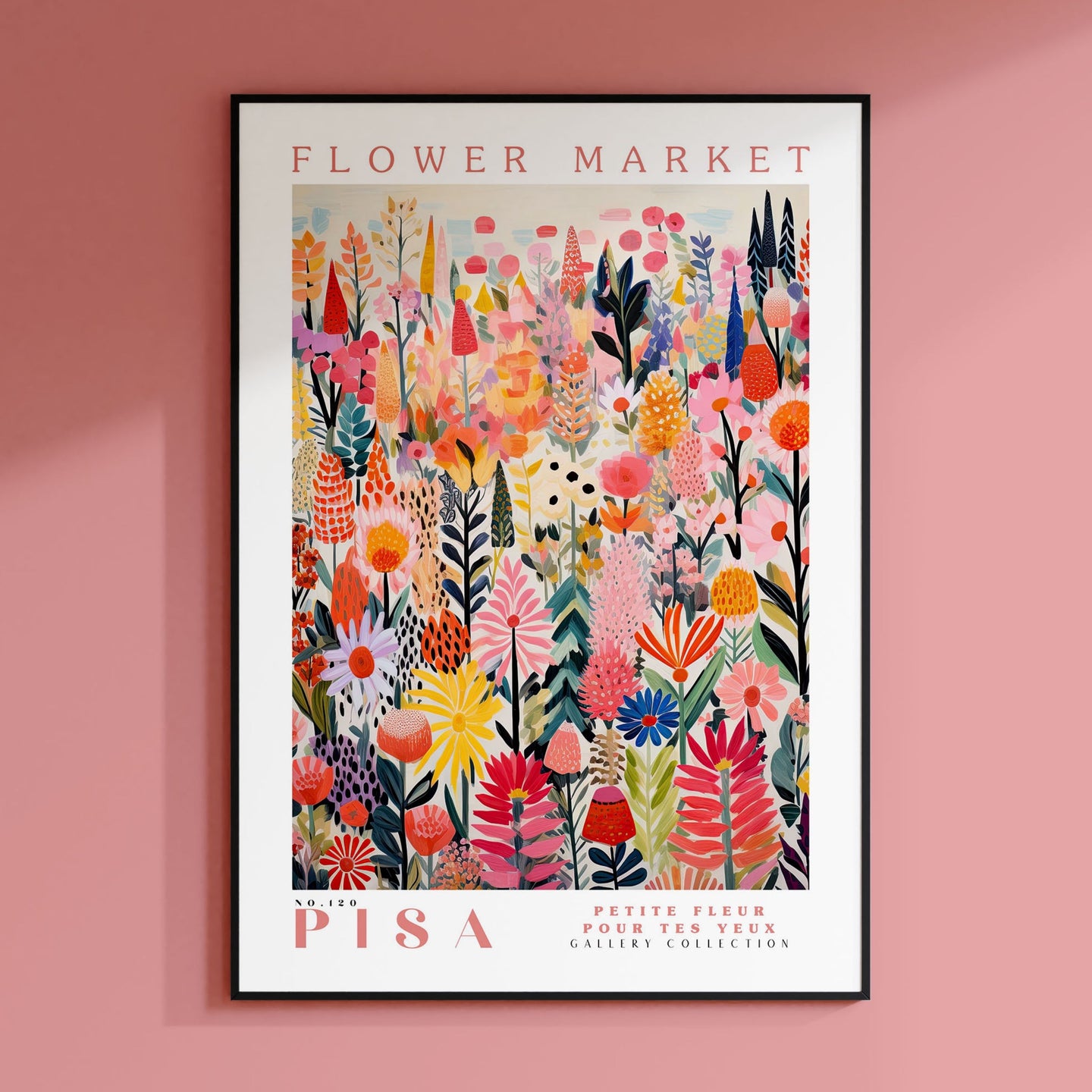 a flower market poster hanging on a pink wall